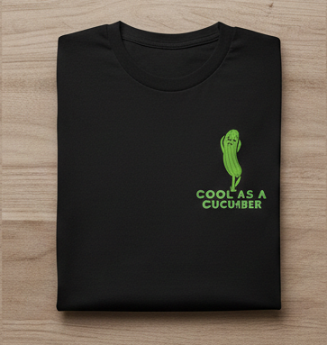 Black t-shirt with a Cool as a Cucumber graphic design on left chest