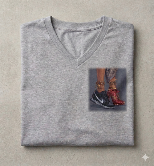 Grey V-neck t-shirt with a black trainer and jewelled traditional heel graphic on the left chest