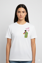 Woman wearing a white t-shirt with a Thaki Gai graphic design on left chest