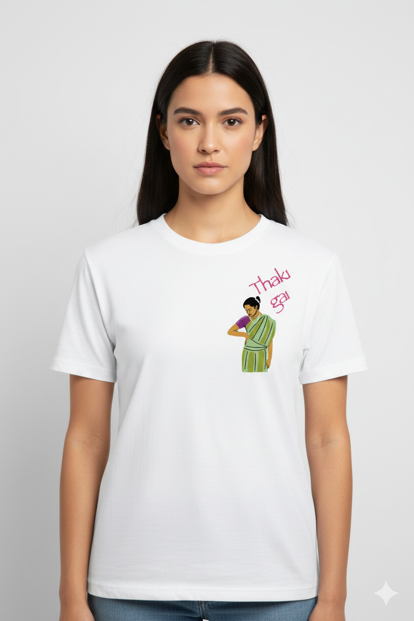 Woman wearing a white t-shirt with a Thaki Gai graphic design on left chest