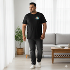 Man wearing a black t-shirt with a  Kaam Chor graphic design on left chest