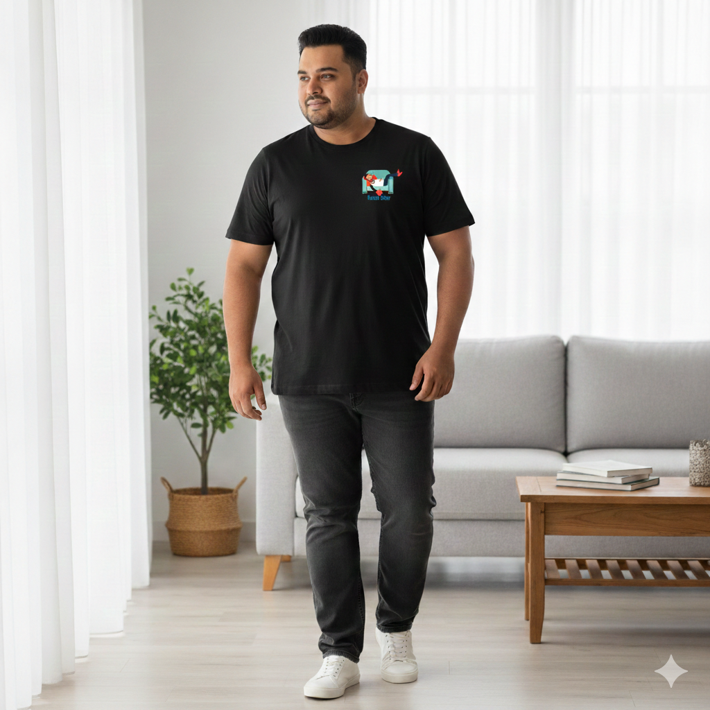 Man wearing a black t-shirt with a  Kaam Chor graphic design on left chest