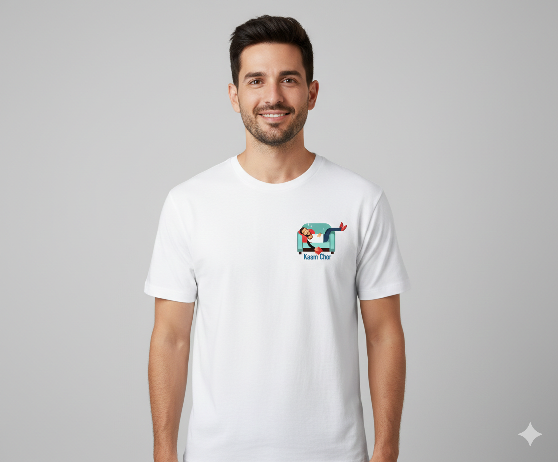 Man wearing a white t-shirt with a  Kaam Chor graphic design on left chest
