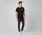 Man wearing a black t-shirt with a  Kaam Chor graphic design on left chest