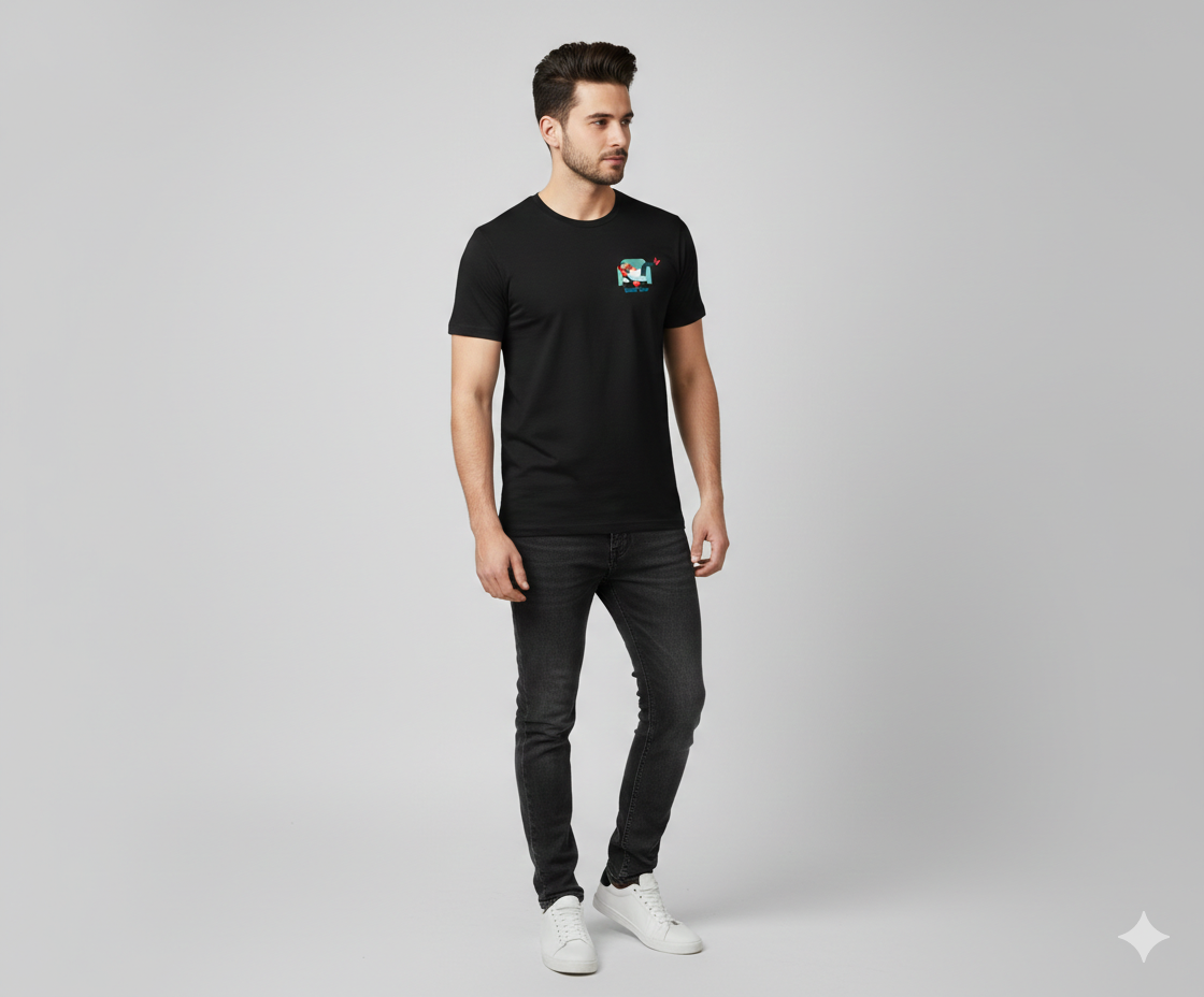 Man wearing a black t-shirt with a  Kaam Chor graphic design on left chest