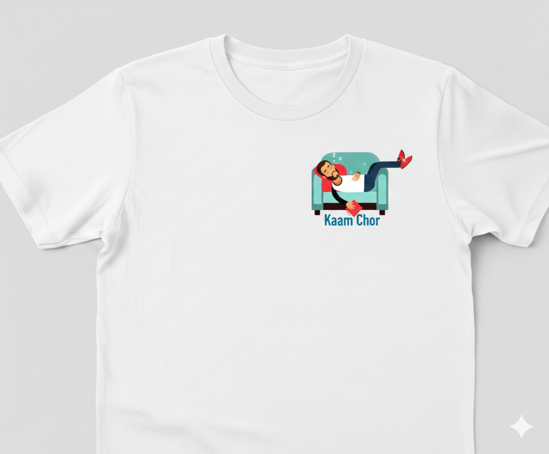 White t-shirt with a  Kaam Chor graphic design on left chest