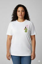 Woman wearing a white t-shirt with a Thaki Gai graphic design on left chest