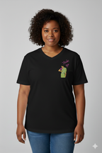Woman wearing a black t-shirt with a Thaki Gai graphic design on left chest