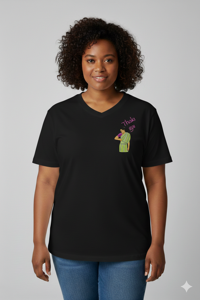 Woman wearing a black t-shirt with a Thaki Gai graphic design on left chest
