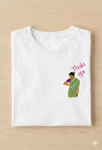 White t-shirt with a Thaki Gai graphic design on left chest