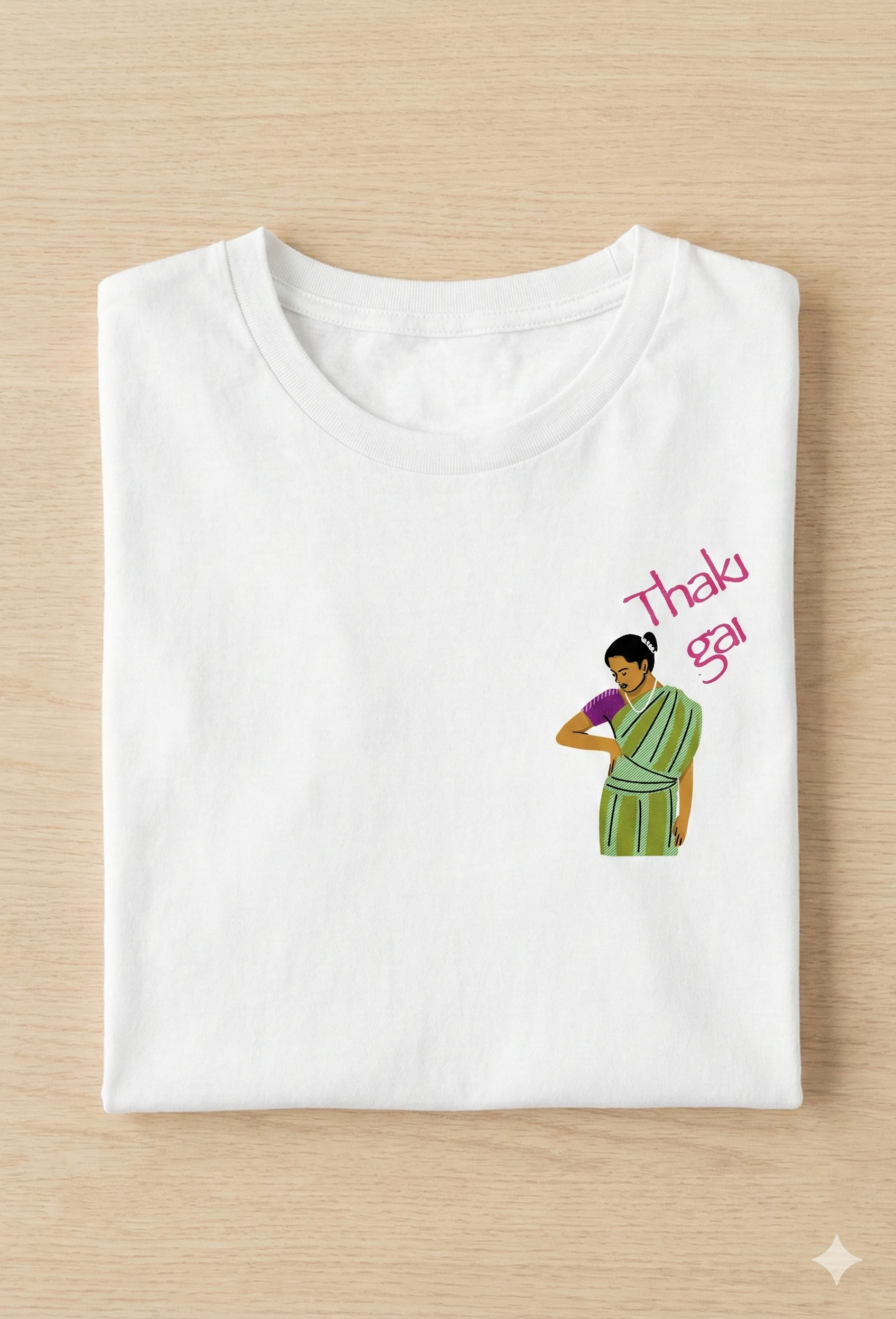 White t-shirt with a Thaki Gai graphic design on left chest