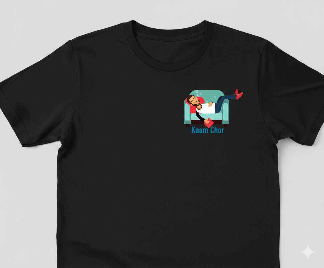 Black t-shirt with a  Kaam Chor graphic design on left chest