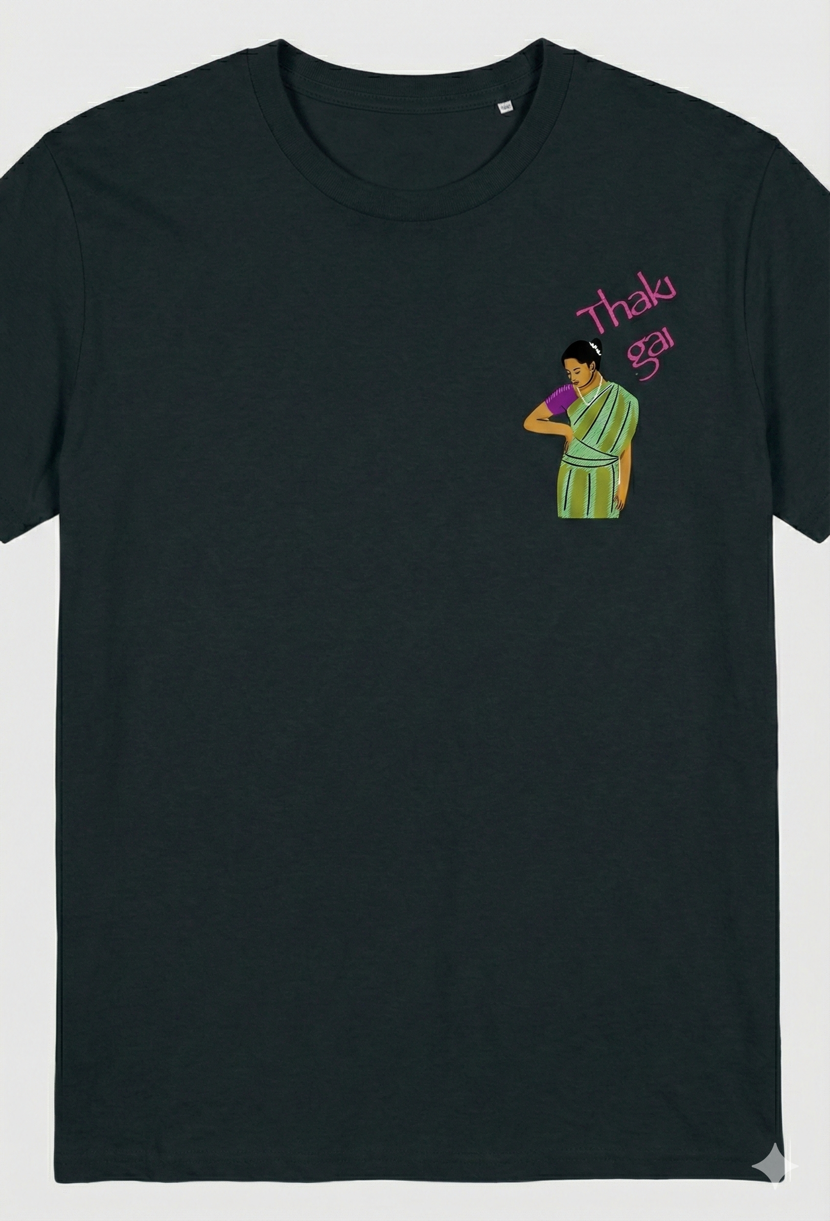 Black t-shirt with a Thaki Gai graphic design on left chest