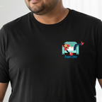 Woman wearing a black t-shirt with a  Kaam Chor graphic design on left chest - close-up of logo