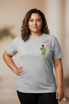 Woman wearing a grey t-shirt with a Thaki Gai graphic design on left chest