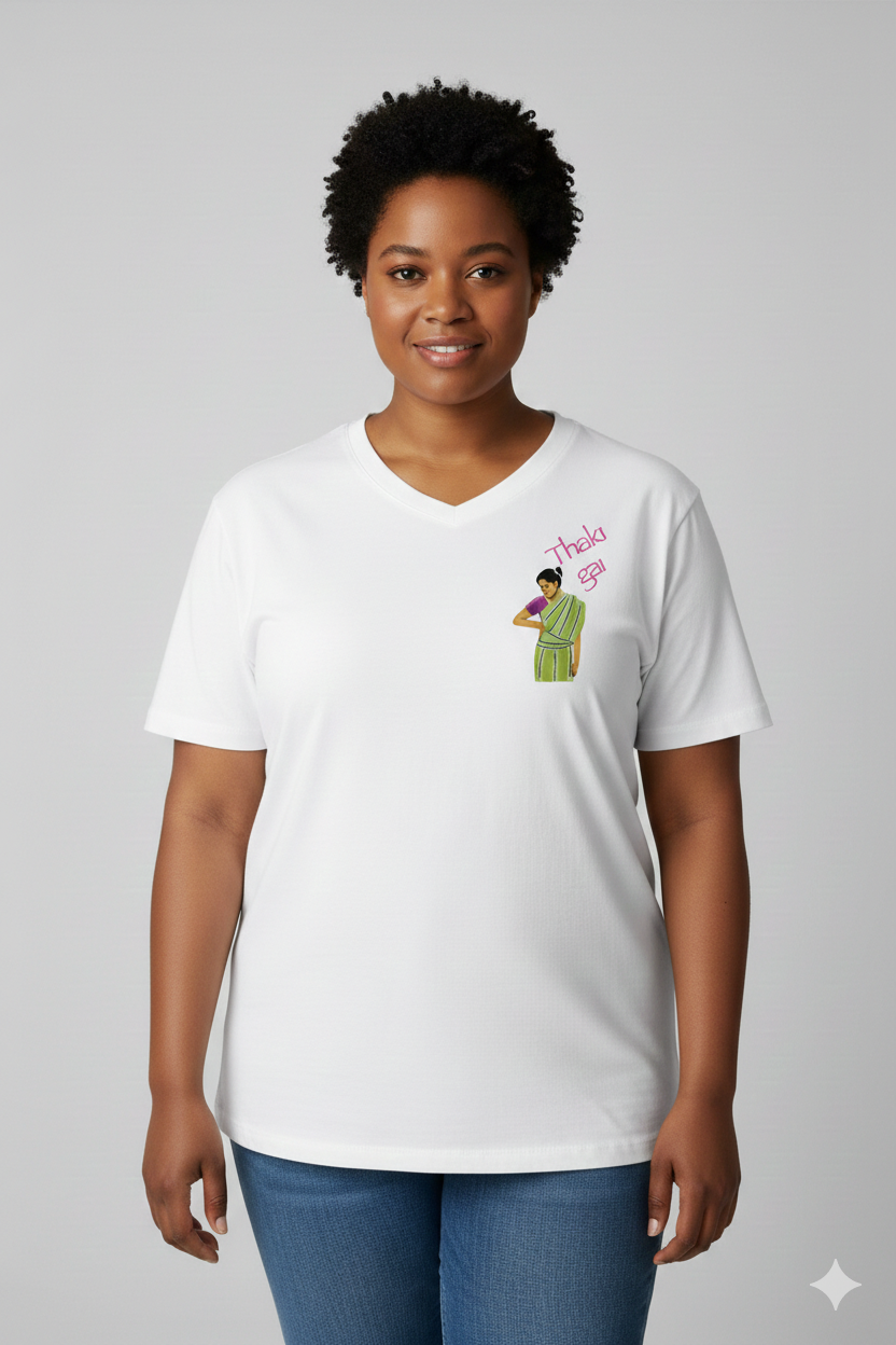 Woman wearing a white t-shirt with a Thaki Gai graphic design on left chest
