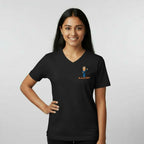 Woman wearing a black t-shirt with a  'Ow am ya bab' hijab graphic design on left chest