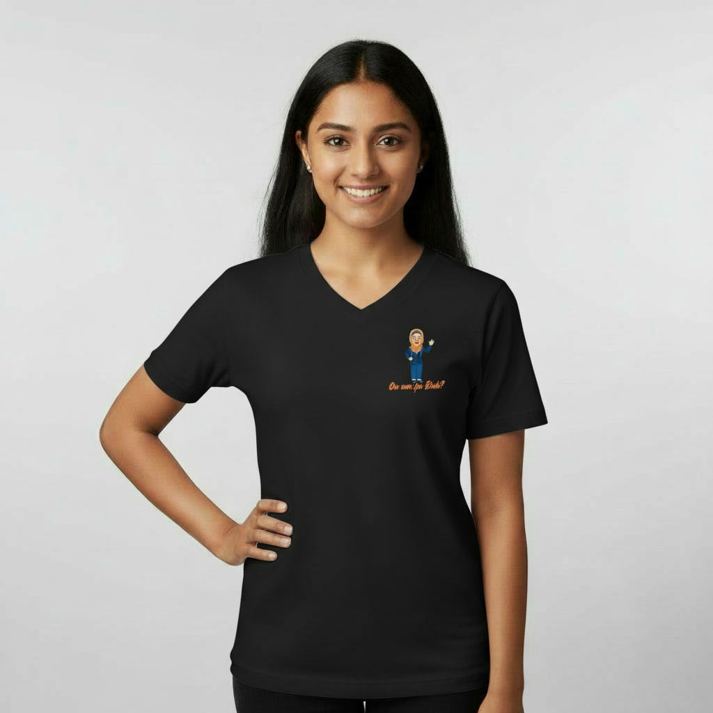Woman wearing a black t-shirt with a  'Ow am ya bab' hijab graphic design on left chest