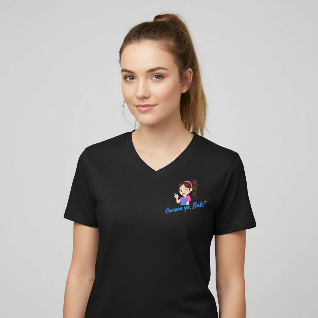 Woman wearing a black t-shirt with a  'Ow am ya bab' graphic design on left chest