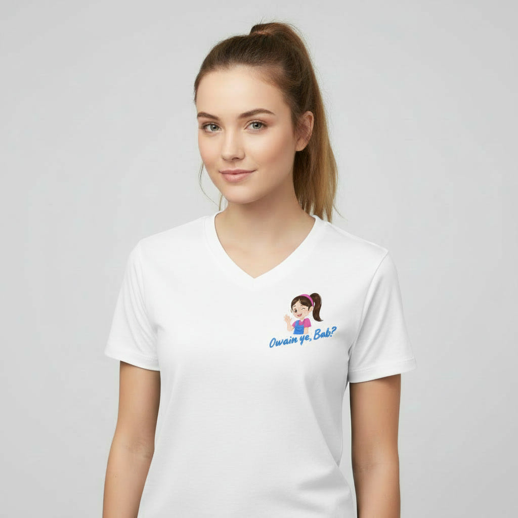 Woman wearing a white t-shirt with a  'Ow am ya bab' graphic design on left chest
