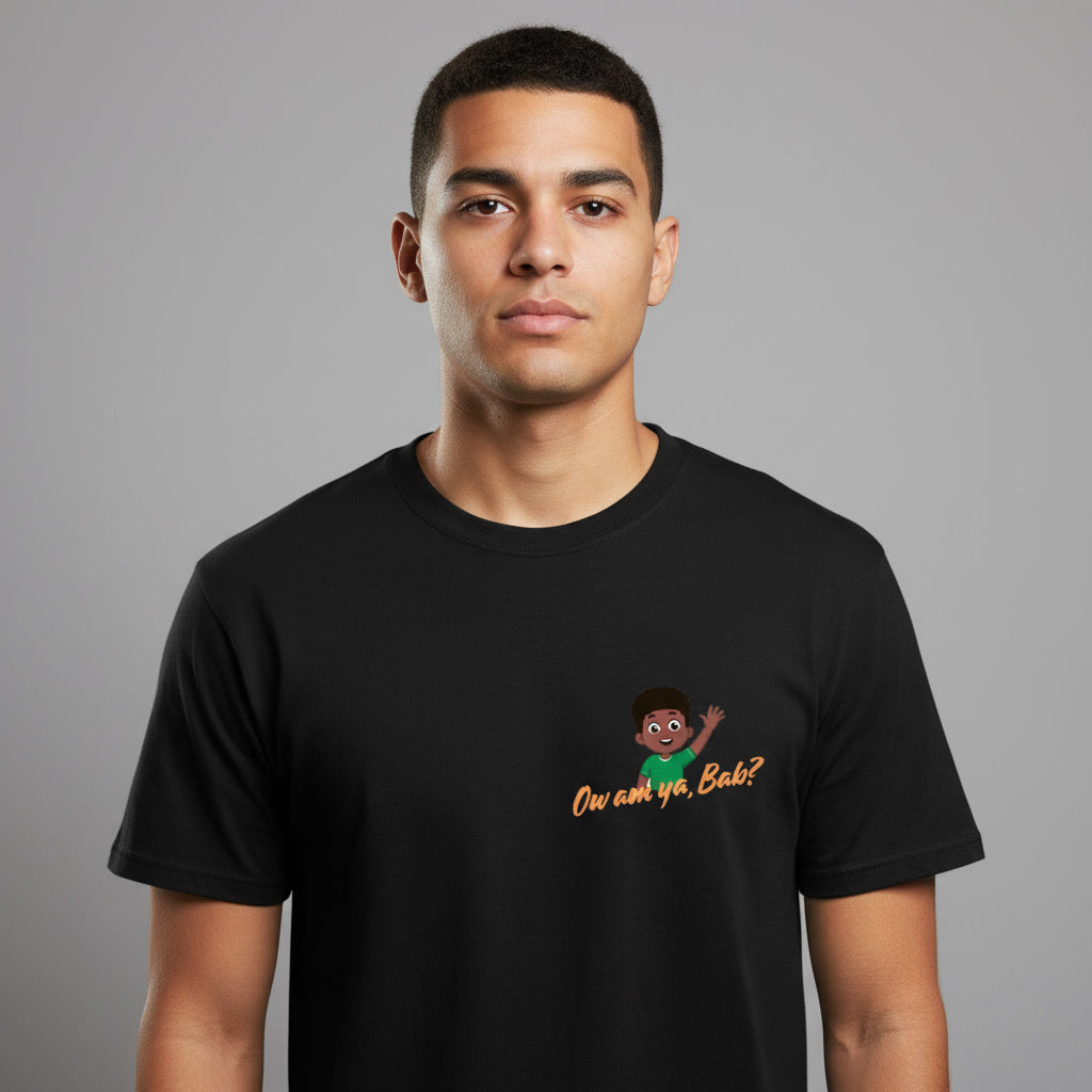 Person wearing a black t-shirt with a  'Ow am ya bab' graphic design on left chest