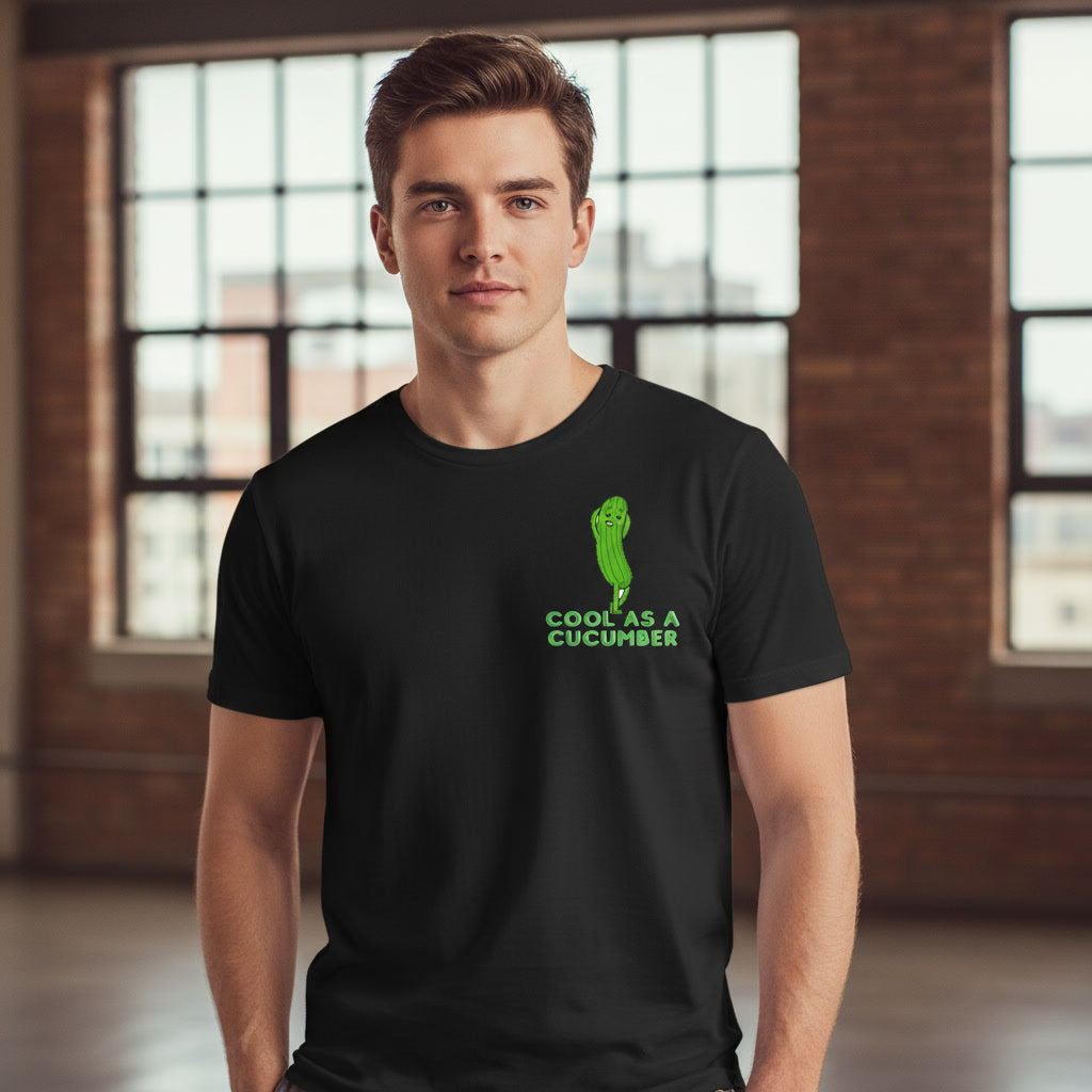 Man wearing a black t-shirt with a Cool as a Cucumber graphic design on left chest