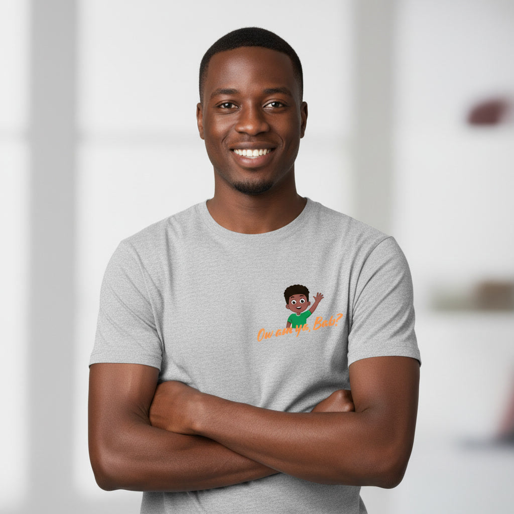 Man wearing a grey t-shirt with a  'Ow am ya bab' graphic design on left chest