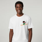 Person wearing a white t-shirt with a  'Ow am ya bab' graphic design on left chest