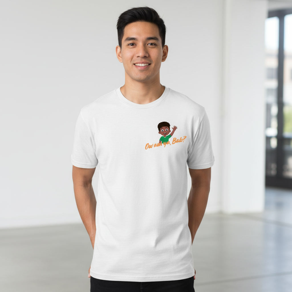 Man wearing a white t-shirt with a  'Ow am ya bab' graphic design on left chest