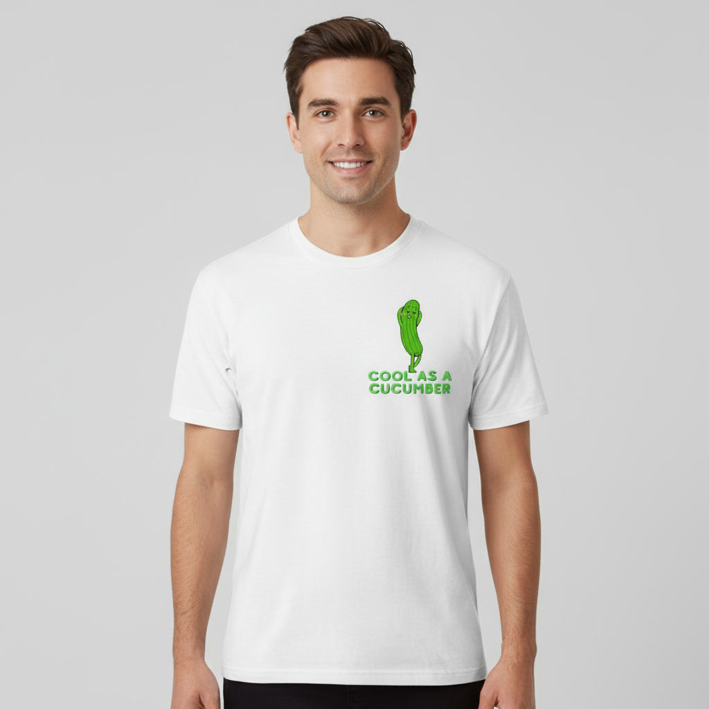 Man wearing a white t-shirt with a Cool as a Cucumber graphic design on left chest
