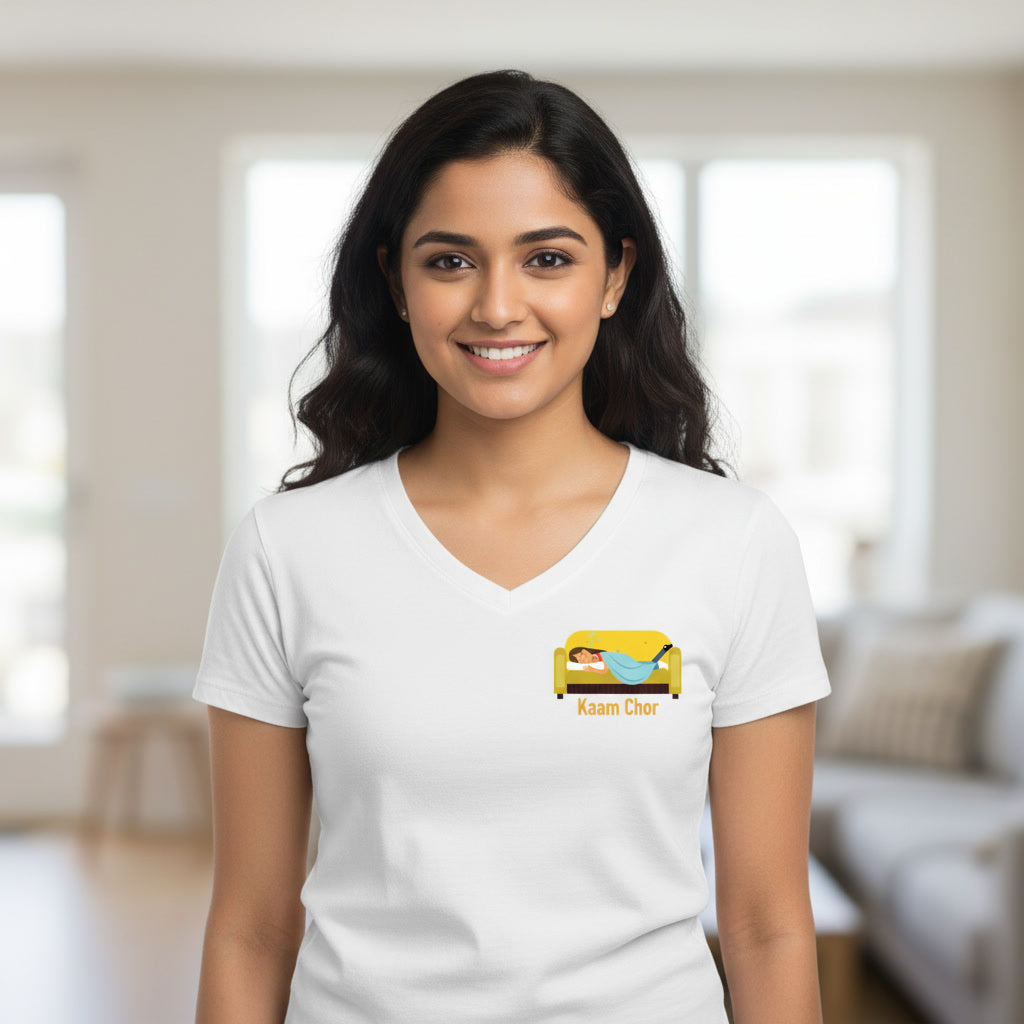 Woman wearing a white t-shirt with a  Kaam Chor graphic design on left chest
