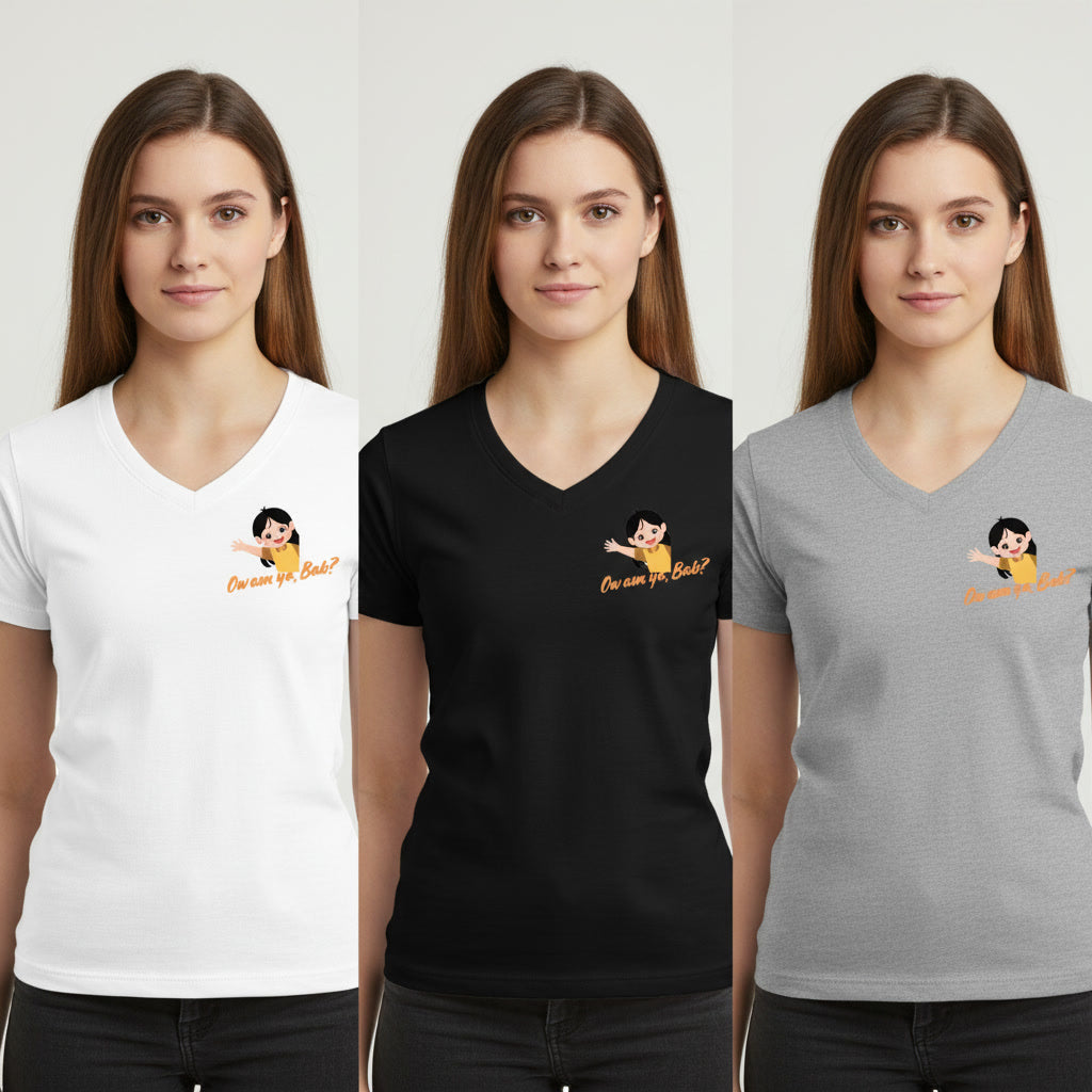 3 women wearing a white, black and a grey t-shirt with a  'Ow am ya bab' graphic design on left chest