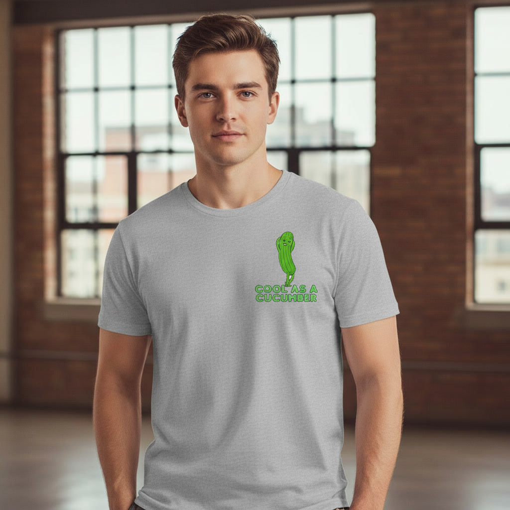 Man wearing a grey t-shirt with a Cool as a Cucumber graphic design on left chest