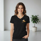 Woman wearing a black t-shirt with a  'Ow am ya bab' graphic design on left chest