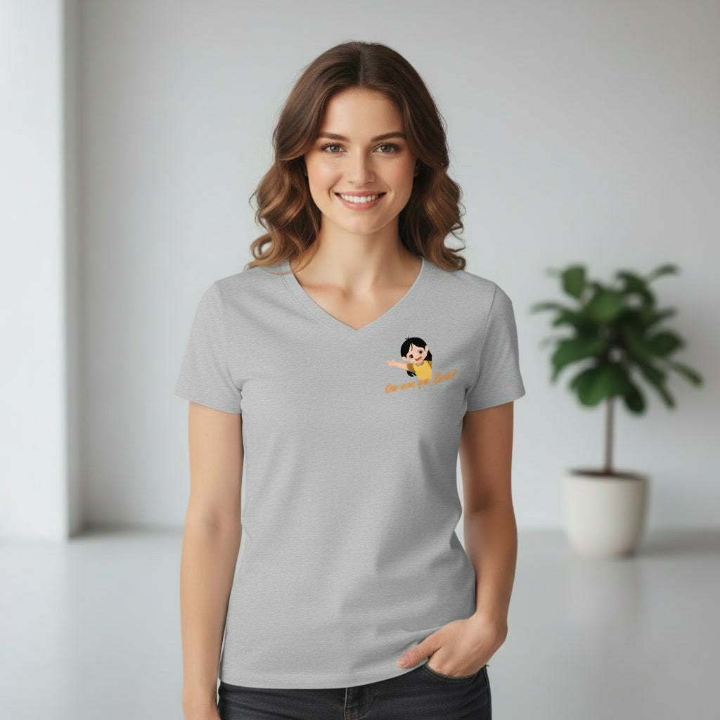 Woman wearing a grey t-shirt with a  'Ow am ya bab' graphic design on left chest